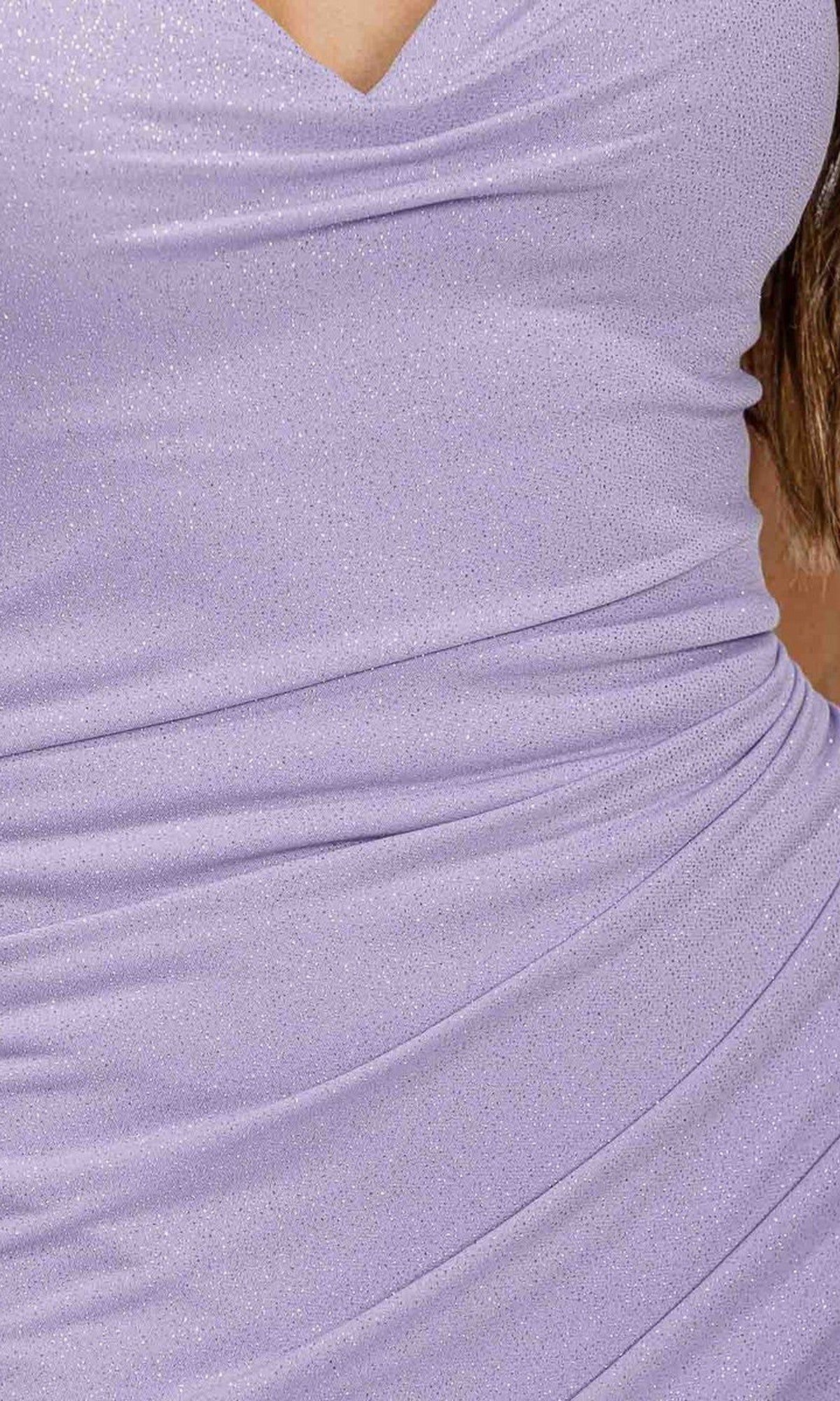 Close-up of a person wearing the Eureka EK126 Short Homecoming Dress—a fitted, sparkly lavender ruched dress with a V-neckline, perfect for homecoming.